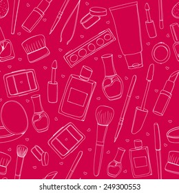Pink makeup background with tools, brushes, mascara, cosmetics, lipstick and pencils. Seamless vector texture.