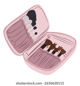 Saco de maquiagem rosa aberto para revelar vários pincéis de maquiagem em vários tamanhos e formas ótimas para a beleza e as ilustrações de moda.