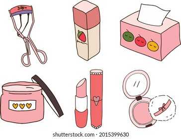 Pink make-up cartoon doodle set drawing