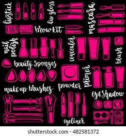 Pink makeup cosmetic pattern with lettering.  Handwritten vector brush letters and elements on chalkboard background.