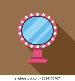 Pink makeup mirror with light bulbs standing on a brown background