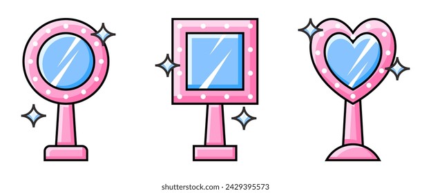 icono de conjunto de espejo de maquillaje rosa. vector aislado sobre fondo blanco. diseño para póster, banner, redes sociales, web.