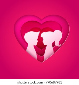 Pink Male And Female Silhouette In Layered Design Heart. Boy And Girl Faces Profile In Paper Cut Out Art Style. Couple Portrait. Origami Love Heart. Romantic February Holidays Card. Be My Valentine.