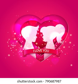 Pink Male And Female Silhouette In Layered Design Heart And Ribbon I Love You. Boy And Girl Faces Profile In Paper Cut Out Art Style. Couple Portrait. Origami. Romantic February Holiday Card