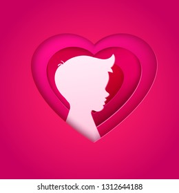 Pink Male Silhouette In Layered Heart. Boy Face Profile In Paper Cut Out Art Style. Portrait. Origami Love Heart. Romantic February Holidays Card. Valentines Day. Children Illustration. Vector