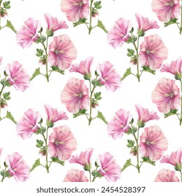 Pink mallow flowers, seamless pattern on white background, watercolor style. Pink hollyhock flowers.