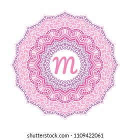 Pink Mandala Monogram. Circular figure representing the universe in Hindu and Buddhist symbolism