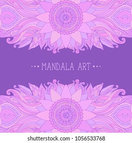 Pink mandala, moon and waves. Ethnic boho asian motif art. Template for greeting card, book cover, invitation.