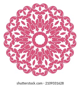 Patrón de mandala rosa sobre un fondo blanco.