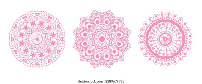 Pink mandala set. Cute elegant Asian round symmetric embellishment elements. Girly isolated vector illustrations