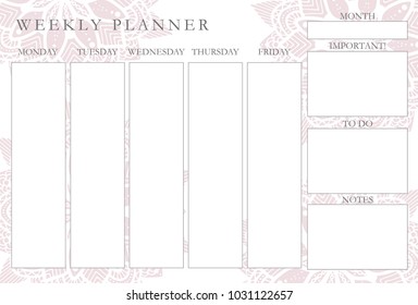 Pink mandalas weekly planner, stationery organizer for daily plans, floral vector weekly planner template, schedules