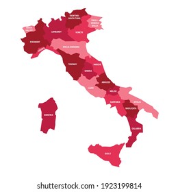 rosafarbene Karte Italiens, unterteilt in 20 Verwaltungsregionen. Weiße Etiketten. Einfache flache Vektorgrafik.