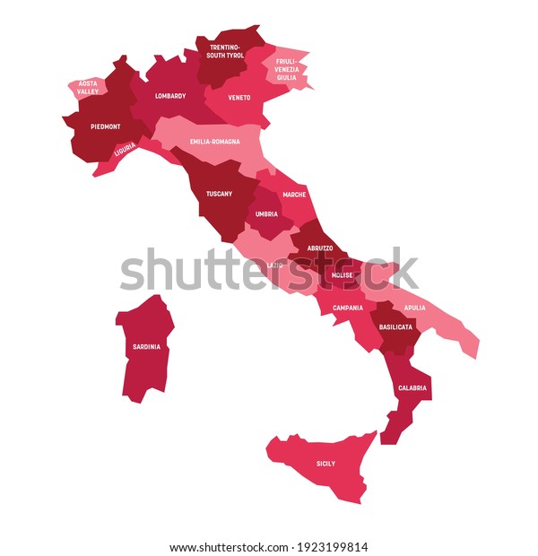 Pink map of Italy\
divided into 20 administrative regions. White labels. Simple flat\
vector illustration.