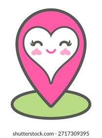Marcador rosado del mapa con la cara del corazón sonriendo y sonrojándose localizado en el punto verde que transmite el icono alegre del perno de la ubicación