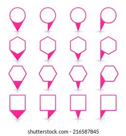 Pink map pin icon location sign with gray reflection and shadow isolated on white background  in flat simple style. This web design element save in vector illustration 8 eps
