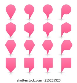 Pink map pin sign location icon with gray shadow and reflection on white background  in simple flat style. This web design element save in vector illustration 8 eps