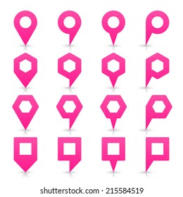 Pink map pin sign location icon with empty copy space and gray shadow, reflection on white background  in simple flat style. Web design element save in vector illustration 8 eps