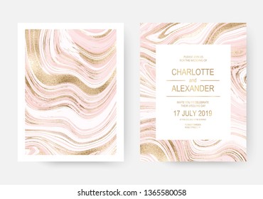 Pink Marble Celebration Invitation Design Cards With Gold Waves.