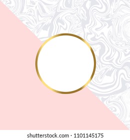 Pink and marble geometric card  with gold frame and place  for text. Vector illustration.