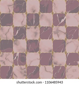 Pink marble seamless pattern with abstract geometric golden elements. Repeat chessboard background. Asian luxury backdrop, chinese wallpaper, black and gold textile print, interior tile.