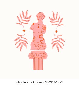 Pink marble statue of Venus, column, branches. Greek ancient statue with modern Tattoos. T-shirt print design template. Hand drawn trendy Vector illustration. Isolated on white