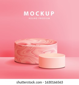 Pink marble texture with round podium vector illustration