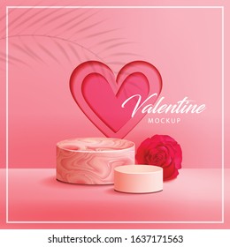 Pink marble texture with round podium , rose , and heart background vector illustration