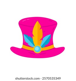 Pink Mardi Gras Hat with Colorful Feathers. Bright pink hat with yellow and blue feathers, perfect for a festive Mardi Gras celebration