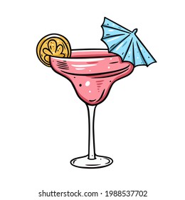 Pink Margarita cocktail. Hand drawn line art cartoon style. Colorful vector illustration. Isolated on white background.