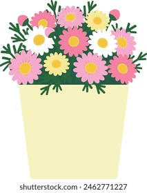 pink marguerites in a pale yellow basket