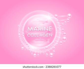 Pink marine collagen solution surround with DNA molecular. Oil omega extract from deep sea fish. Vitamins serum skin care. For cosmetic or beauty nutrition. Vector EPS10.