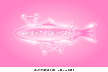 Pink marine collagen solution surround with DNA molecular. Oil omega extract from deep sea fish. Vitamins serum bone and skin care. For cosmetic or beauty nutrition. Vector EPS10.