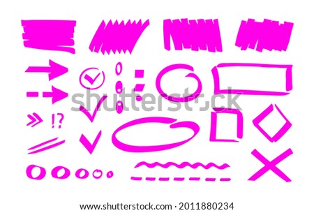 Pink marker highlighter shapes, marks, strokes, pointers, lines. Simple hand drawn editable design elements for notes, bullet journal, memo, planner, school