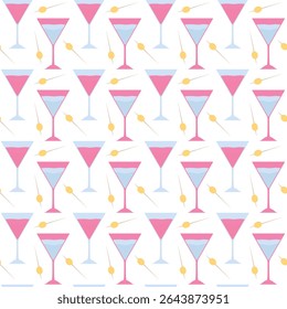 Pink martini drink glass with olive garnish. Seamless martini cocktail pattern for party. 