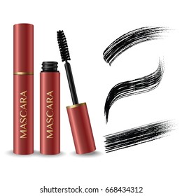 pink mascara product , black brush stroke hand drawn cosmetic makeup on white background vector illustration 