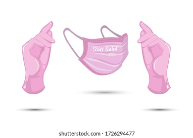 Pink mask and latex gloves for protection against covid-19 infection and flu epidemic on white background. Medical sterile uniform protective hygiene equipment. Hand gloves and medical mask vector.