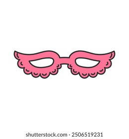 Pink Masquerade Mask Doodle Icon. Coquette carnival women's accessory. Isolated vector illustration in hand drawn style