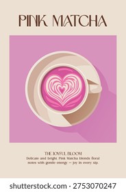 Pink matcha image. Modern kitchen decor. Matcha latte with milk. Minimalist matcha art. Minimalist retro posters with drink. Colorful pink trendy print. Vector illustration