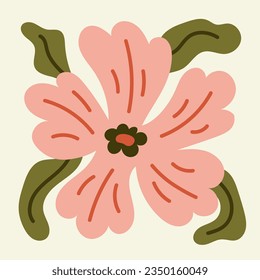 Pink Matisse Groovy Flower. Modern minimal botanical art. Contemporary wavy blossom with leaves. Vector illustration.