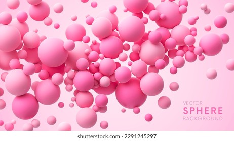 Bolas caóticas blandas mate rosadas de diferentes tamaños. Composición abstracta con esferas volantes al azar rosadas. Fondo del vector