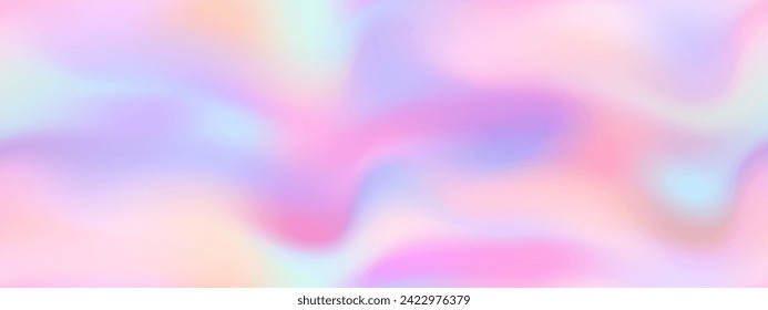 ピンクと黄色の近くのホロのシームレスなパターン。真珠光沢のあるパステルバッグに抽象的な波。穏やかなユニコーンファンタジーの色調を特徴とするホイルパールホログラフィック壁紙のベクター画像素材