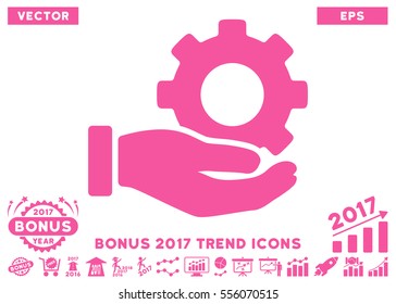 Pink Mechanic Gear Service Hand icon with bonus 2017 year trend pictures. Vector illustration style is flat iconic symbols, white background.
