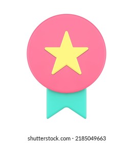Pink medal ribbon star best award championship challenge certificate front view realistic 3d icon vector illustration. Quality warranty premium product prize approved victory success winner celebrate