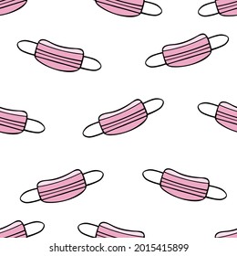 Pink medical face masks. Seamless vector pattern. Endlessly repeating pattern. Personal protective equipment against viral infection. Medical products on a colorless background. Idea for case