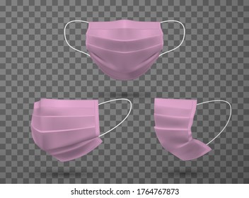 Pink medical masks realistic mockups set. Front, side view. Facemasks for safety breathing during pandemic. Coronavirus, air pollution, germs protection with respirators. Vector templates collection.