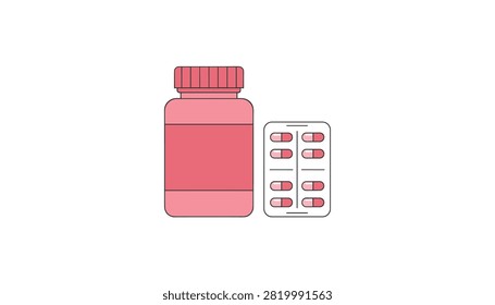 Pink medicine bottle standing next to a blister pack of capsules on a white background, symbolizing healthcare and pharmacology.