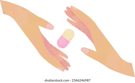 Pink medicine, pill capsules floating in the outstretched hands