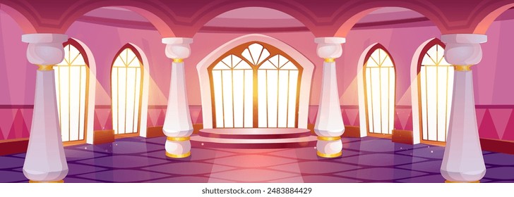 Interior barroco de salón de baile del castillo medieval rosa con columnas y ventanas en arco en un día soleado. Vector de dibujos animados sala del palacio real para el baile. Lujo rey vintage cuento de hadas dentro de la arquitectura.