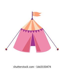 Pink medieval tournament tent with orange flag isolated on white background - historical knight battle recreation venue decoration element - flat vector illustration