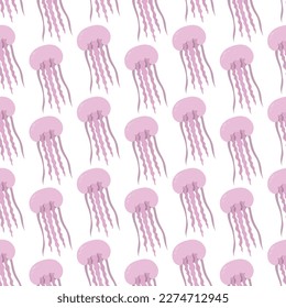 Pink medusa. Eared Aurelia. Seamless vector pattern. Endless ornament of marine invertebrates with tentacles. Flat style. Isolated background. Ocean dweller. Idea for web design.